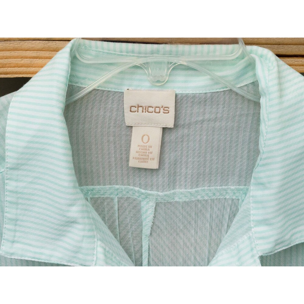 Chico's Mint Stripe Button Up Roll Sleeve Pleated Long Tunic Top Blouse Sz 0 (S) - Picture 2 of 3